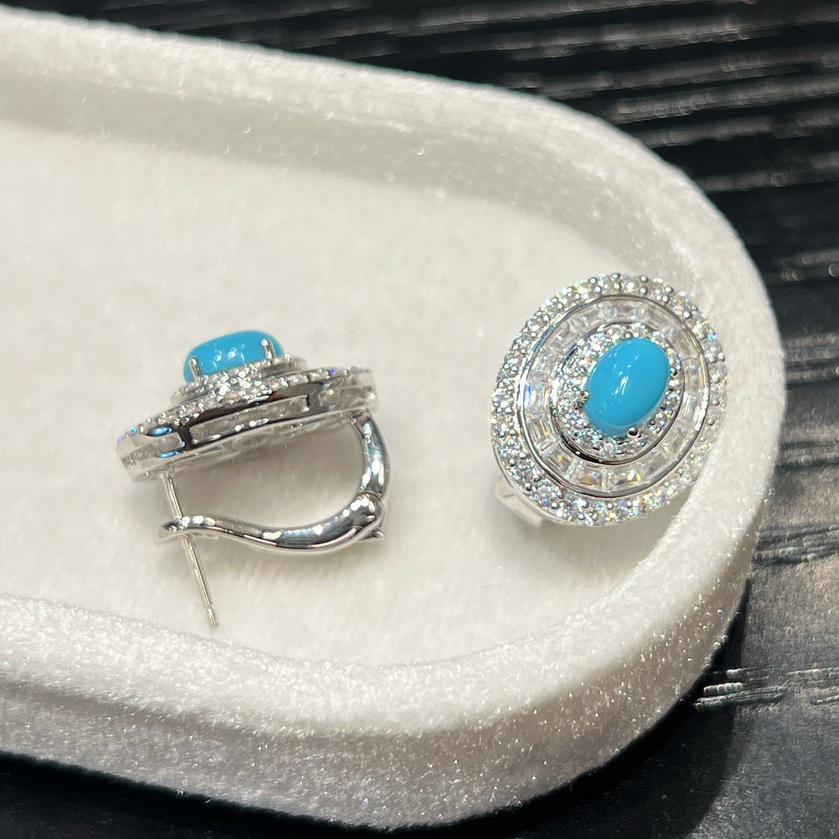 Turquoise Double Halo Stud Earrings Hinged Omega Back Closure Detail - 925 Silver