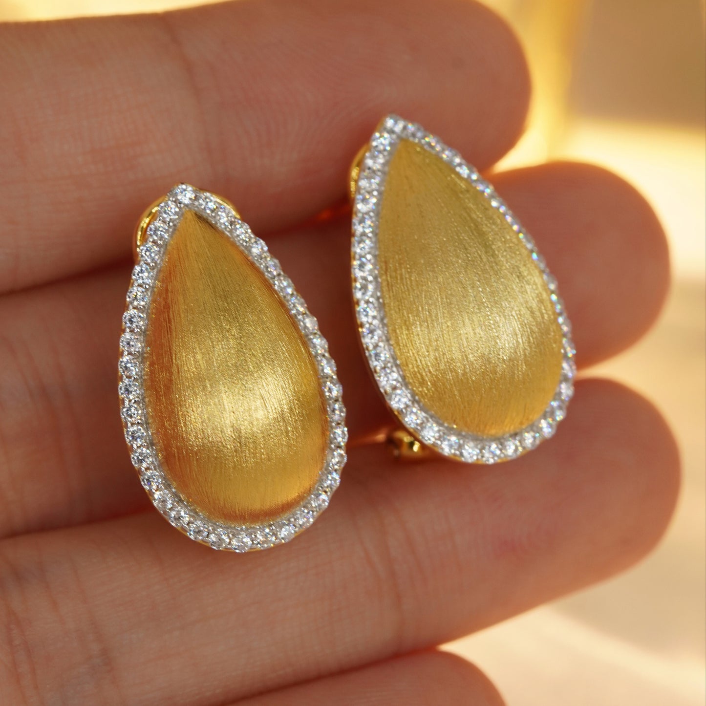 Brushed Gold Teardrop CZ Earrings