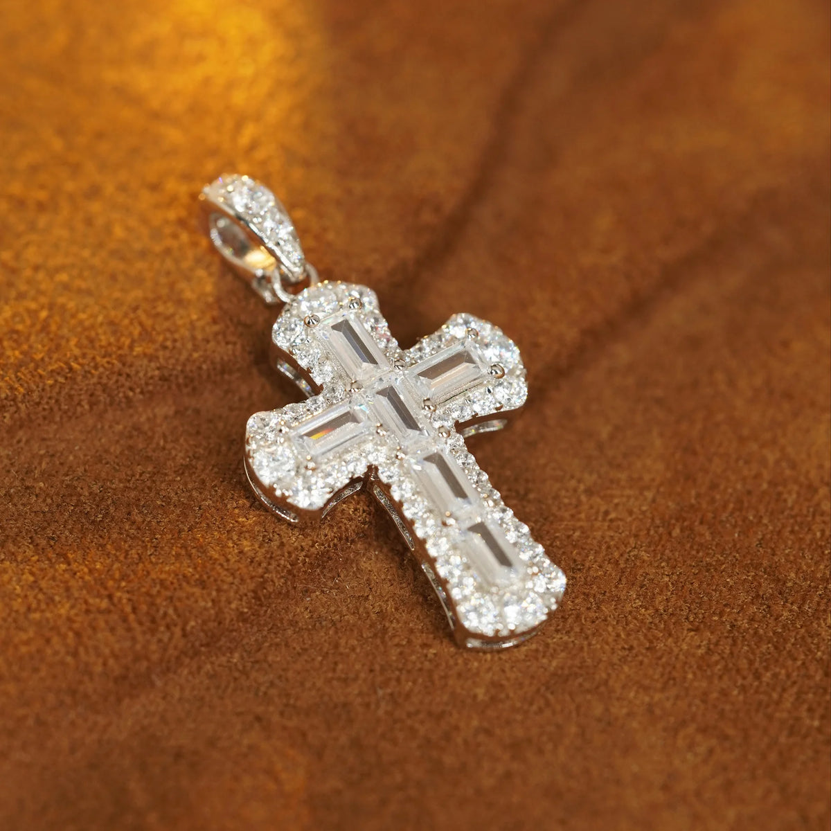 White baguette-cut cubic zirconia cross pendant with round CZ halo