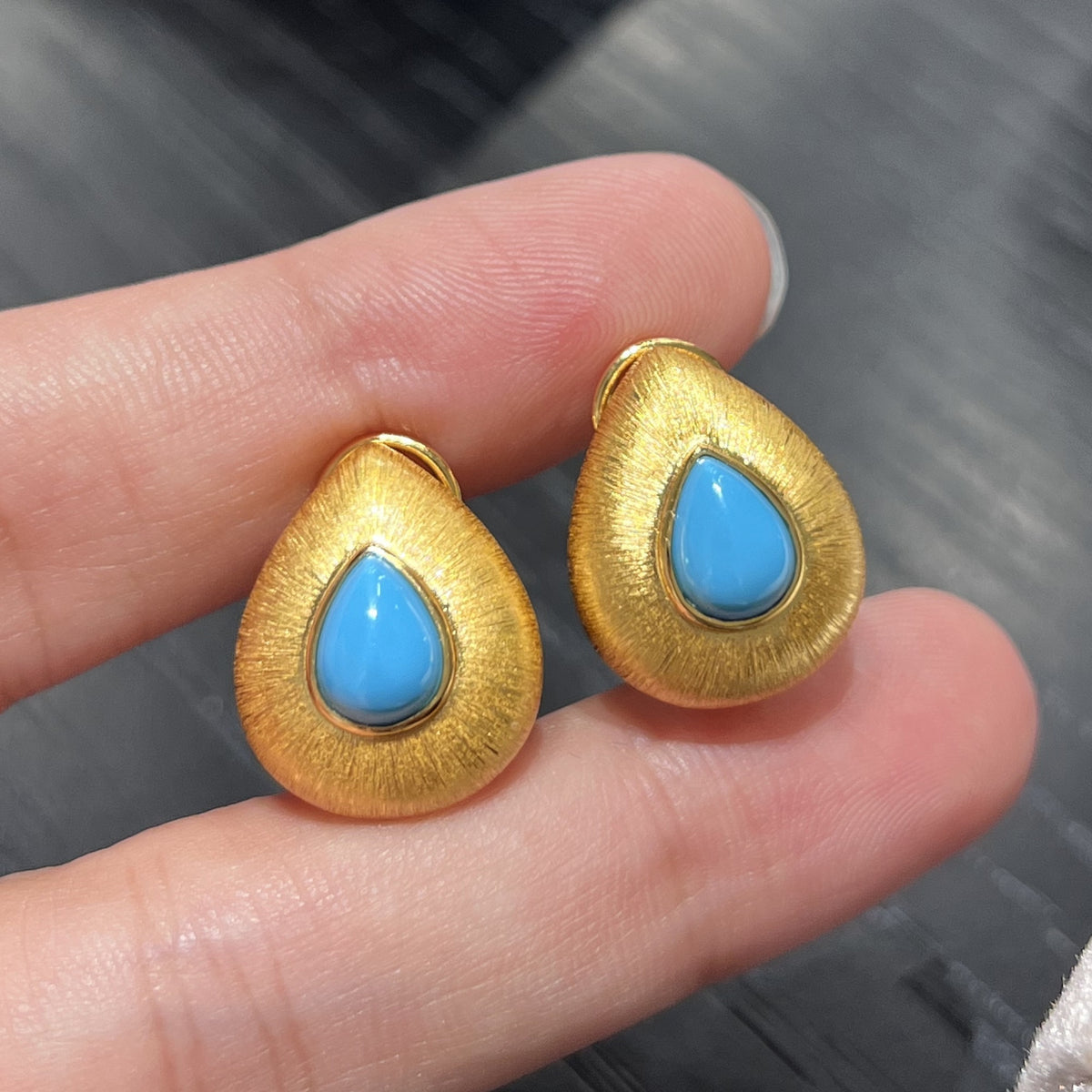 Turquoise Brushed Teardrop Earrings Hinged Post Closure Detail - 18K Gold 925 Silver