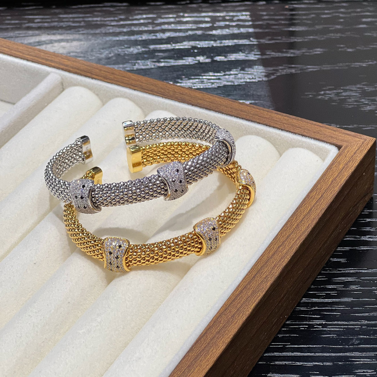 Italian Woven Mesh Leopard Cuff Bracelets in Gold and Silver