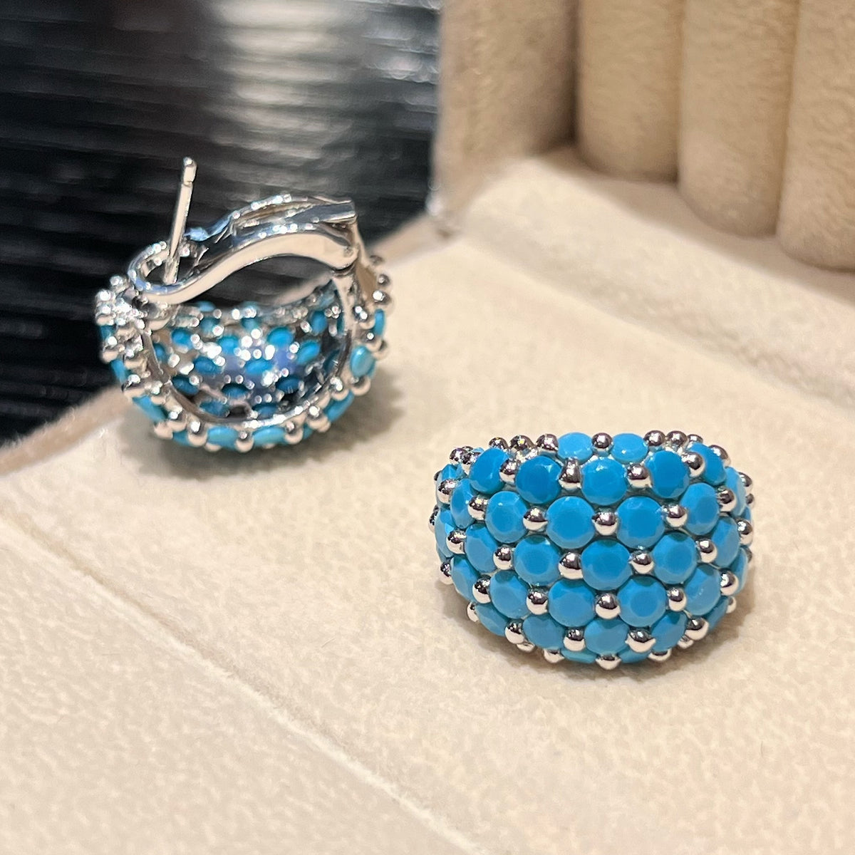 Turquoise Huggie Earrings Hinged Post Closure Detail - 925 Silver