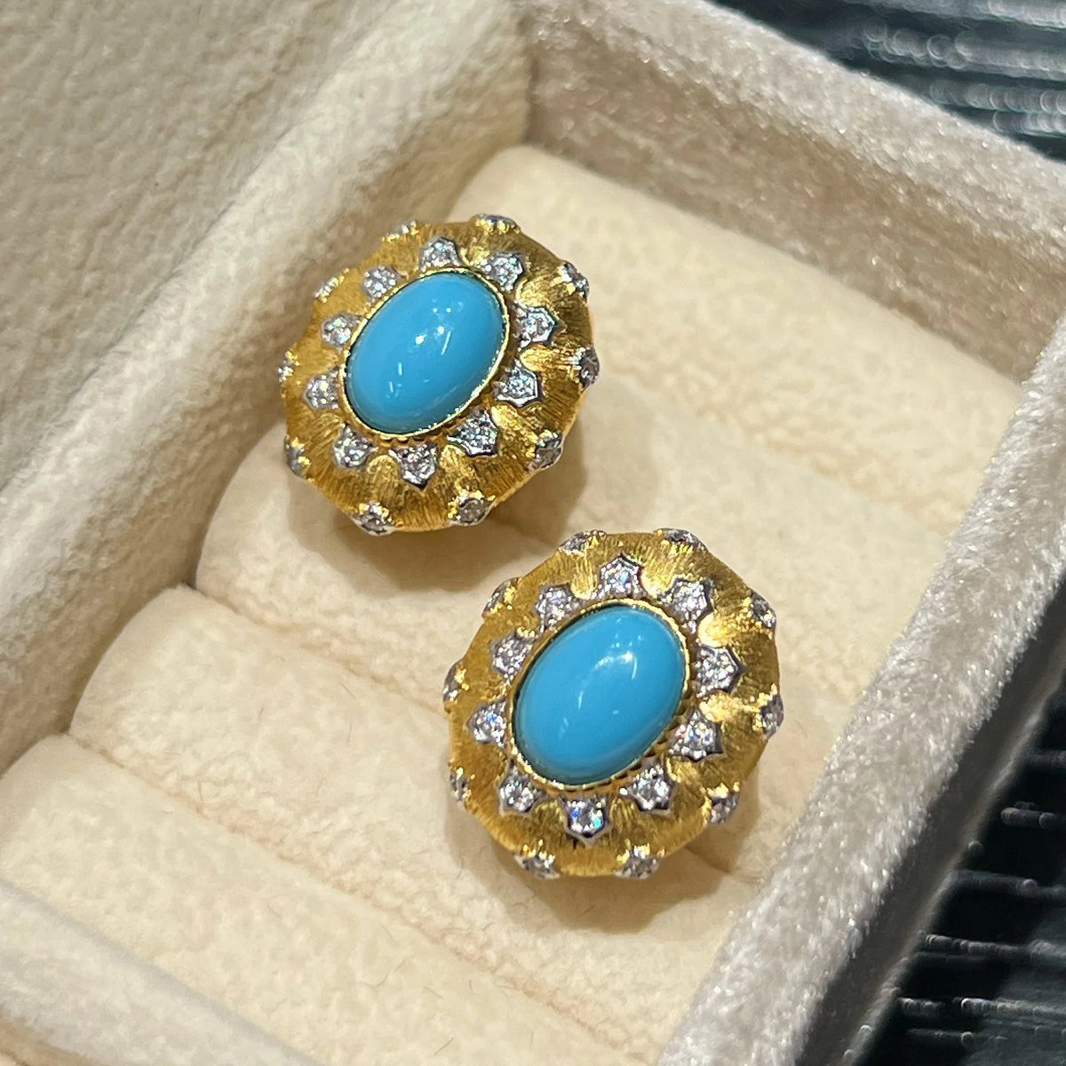 Oval turquoise cabochon earring and pendant set in gold-plated sterling silver