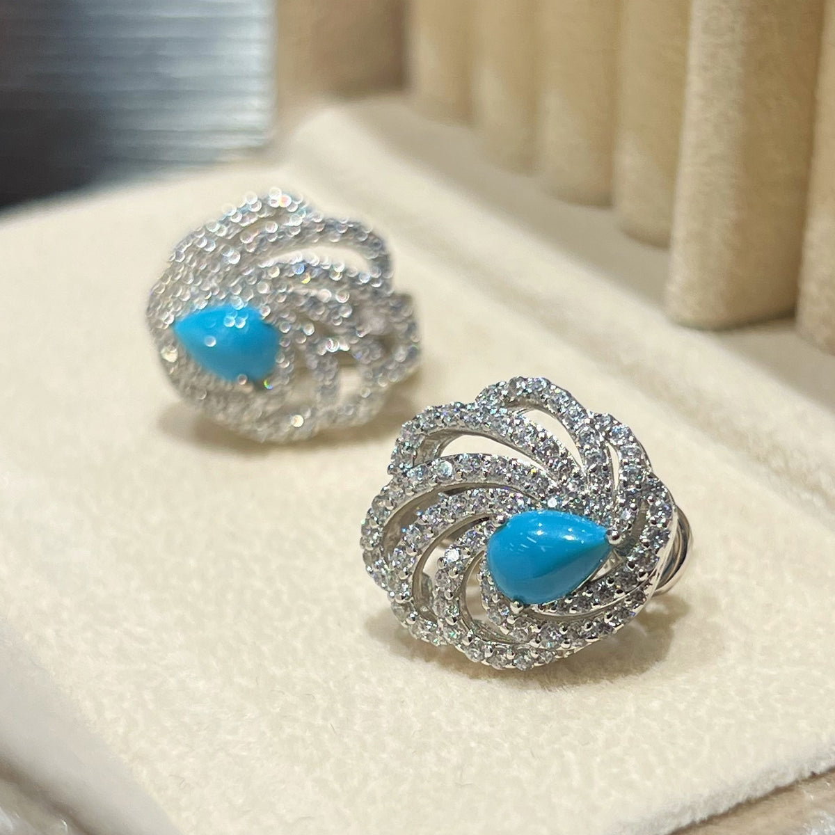 Turquoise Swirl Wing Stud Earrings with 5A CZ 925 Silver - Front View