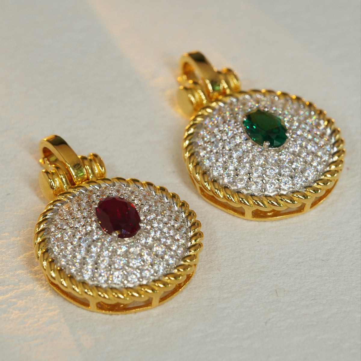Red and green 5A CZ round pendants in 18K gold-plated sterling silver