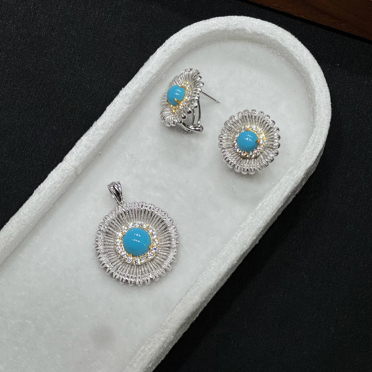 Sunburst pierced earrings and pendant set with created turquoise and cubic zirconia