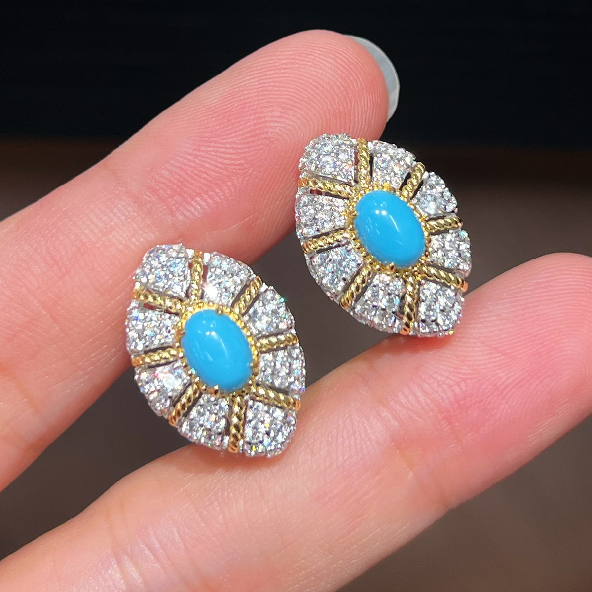 Turquoise Oval Sunburst Earrings 925 Silver 5A CZ Handheld View - Noble Aurora