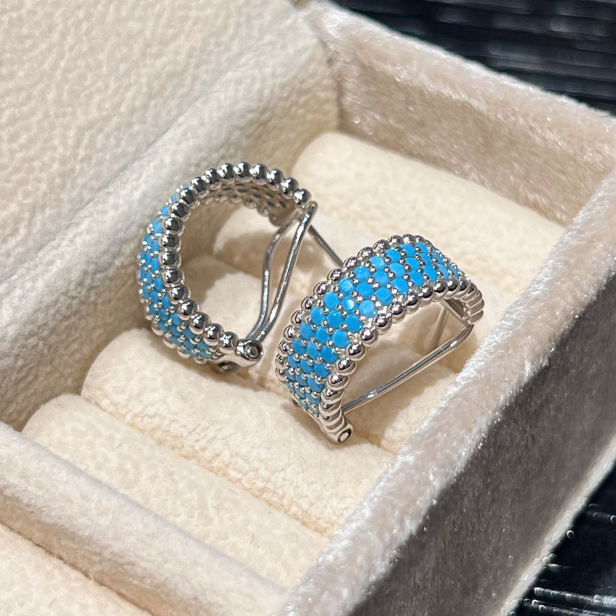 Turquoise Pavé C-Hoop Earrings Beaded Border Detail - Noble Aurora