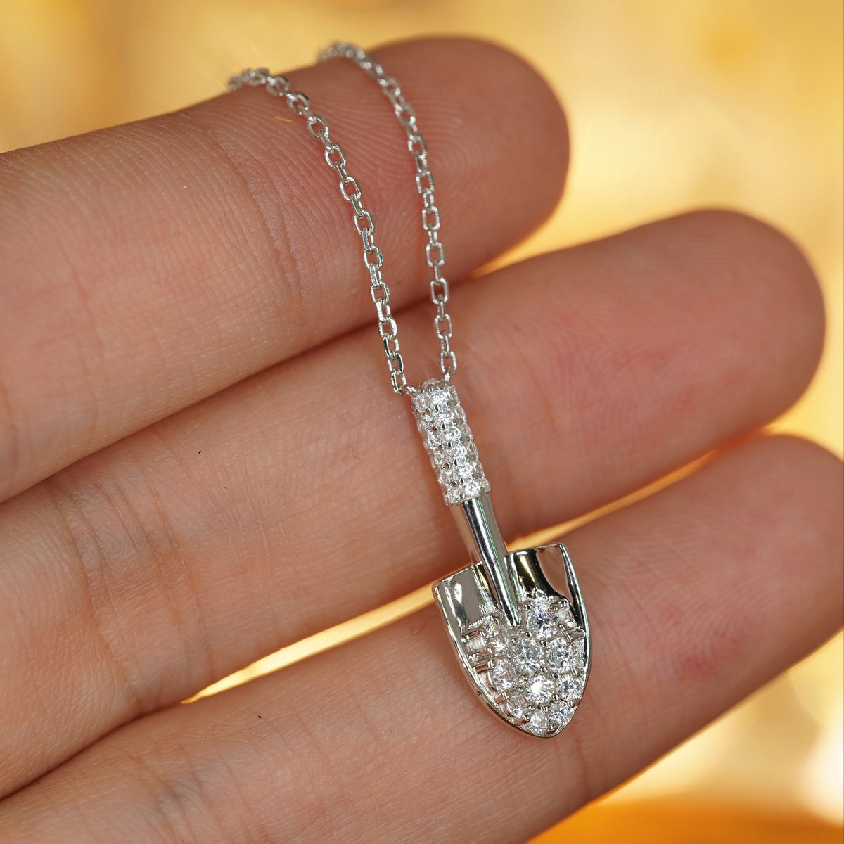 Shovel CZ Pendant Necklace Handheld Size View - 925 Sterling Silver