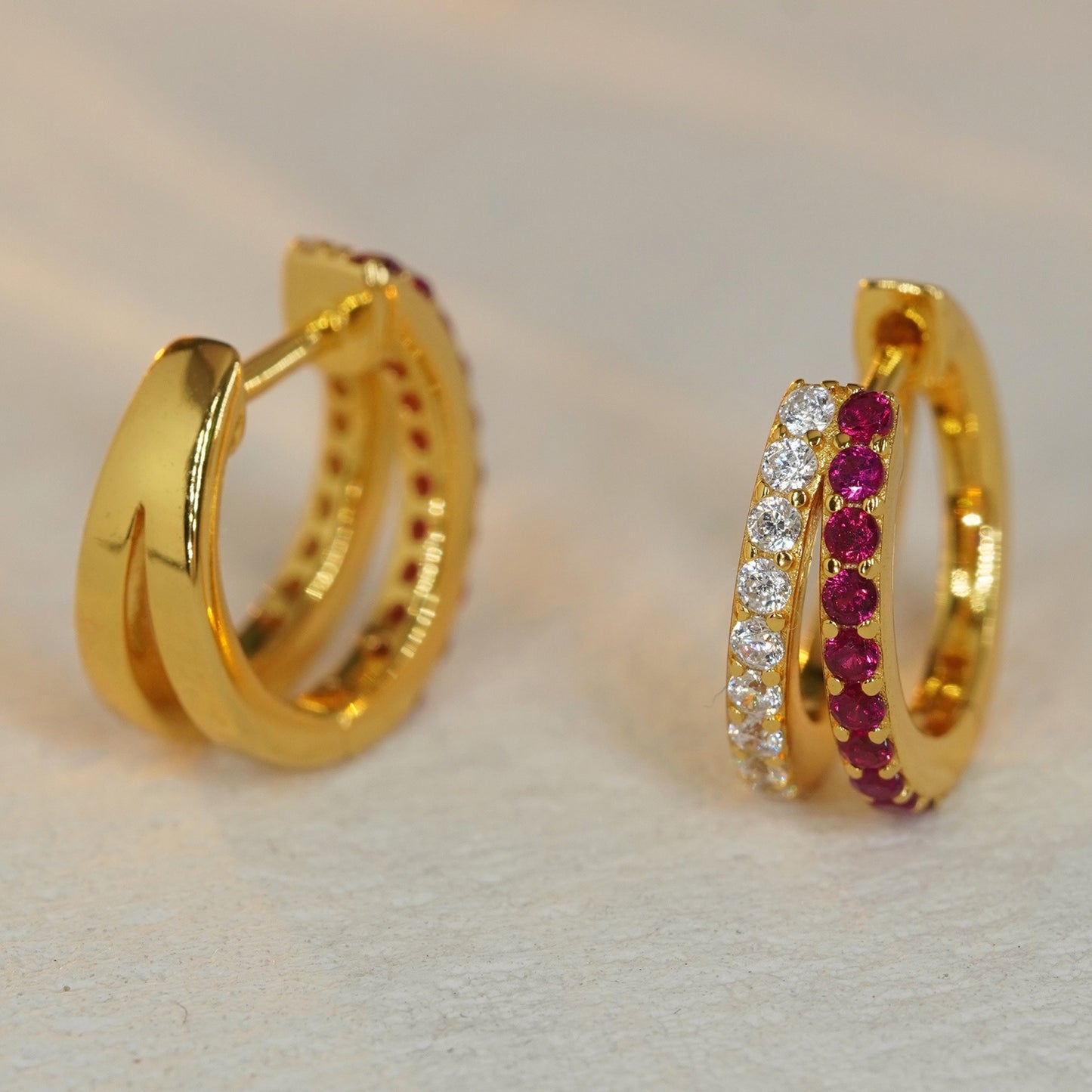 18K gold plated huggie hoop earrings with ruby red and clear CZ stones