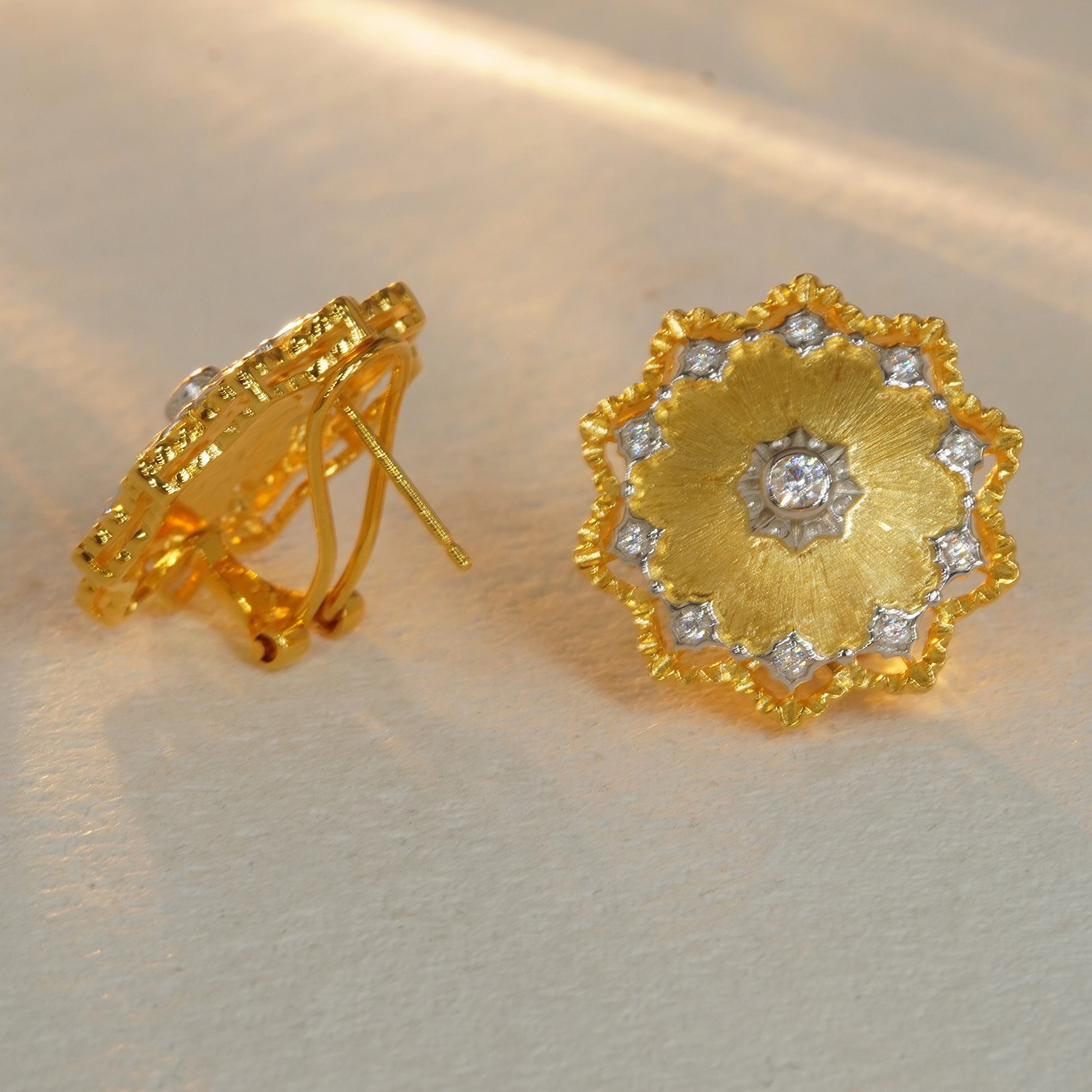 back view of gold plated floral stud earrings showing sterling silver craftsmanship