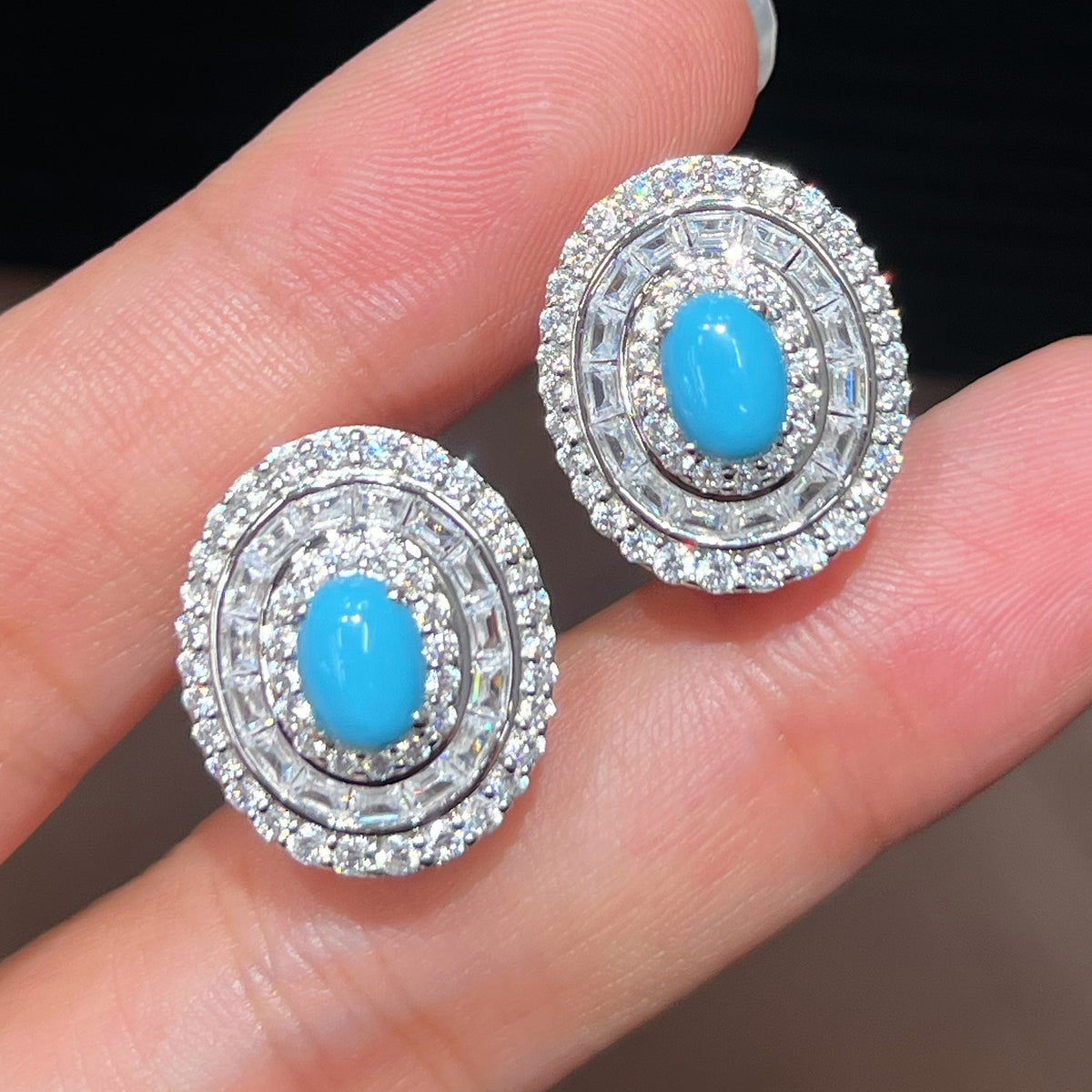 Turquoise Double Halo Earrings Baguette 5A CZ 925 Silver Handheld View - Noble Aurora