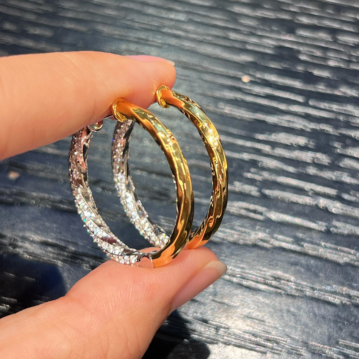 Two-Tone Gold & Silver Hoop Earrings Handheld Back View - Noble Aurora