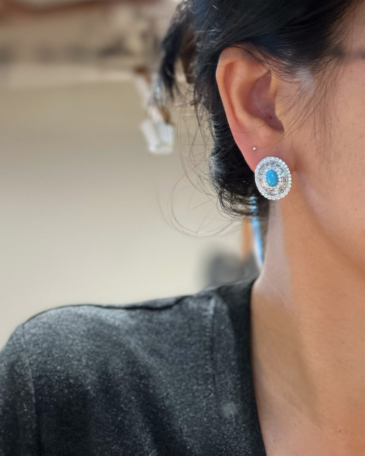 Turquoise Double Halo Stud Earrings on Model - Noble Aurora