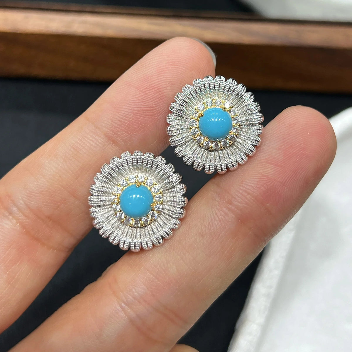 Created turquoise cabochon and 5A cubic zirconia halo jewelry set