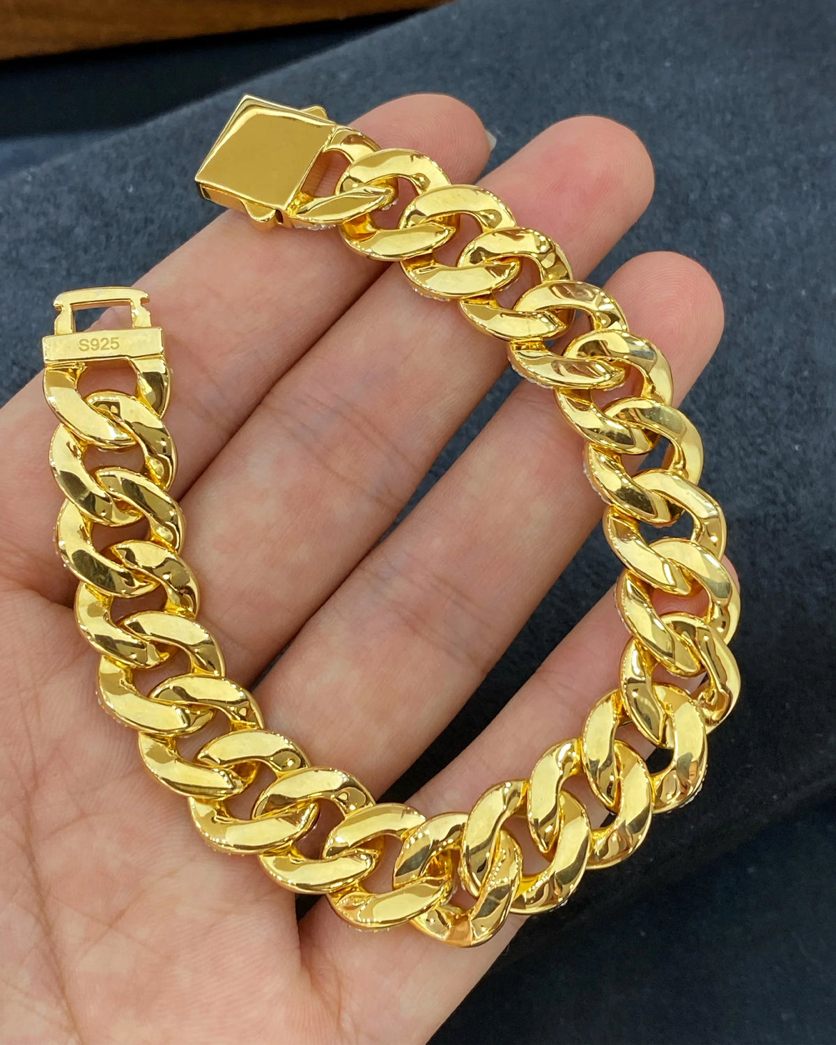 Back and clasp detail of gold plated sterling silver Cuban link bracelet