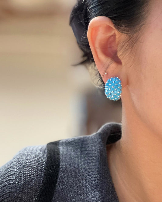 Created Turquoise Wide Huggie Earrings on Ear - Noble Aurora