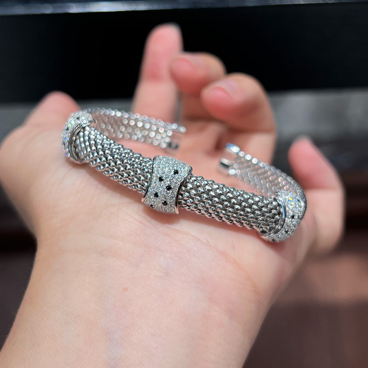 Silver Woven Leopard Cuff Bracelet 5A CZ Handheld View - Noble Aurora