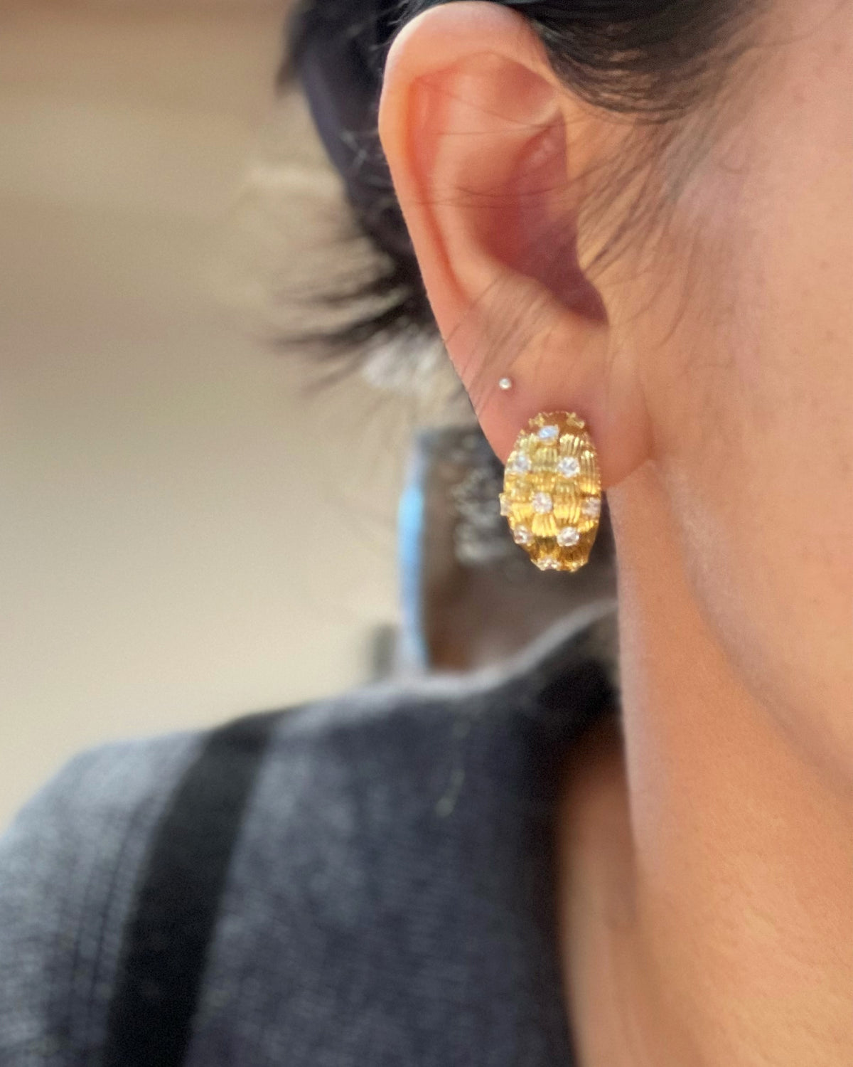 Textured 5A CZ Oval Stud Earrings on Model - Noble Aurora