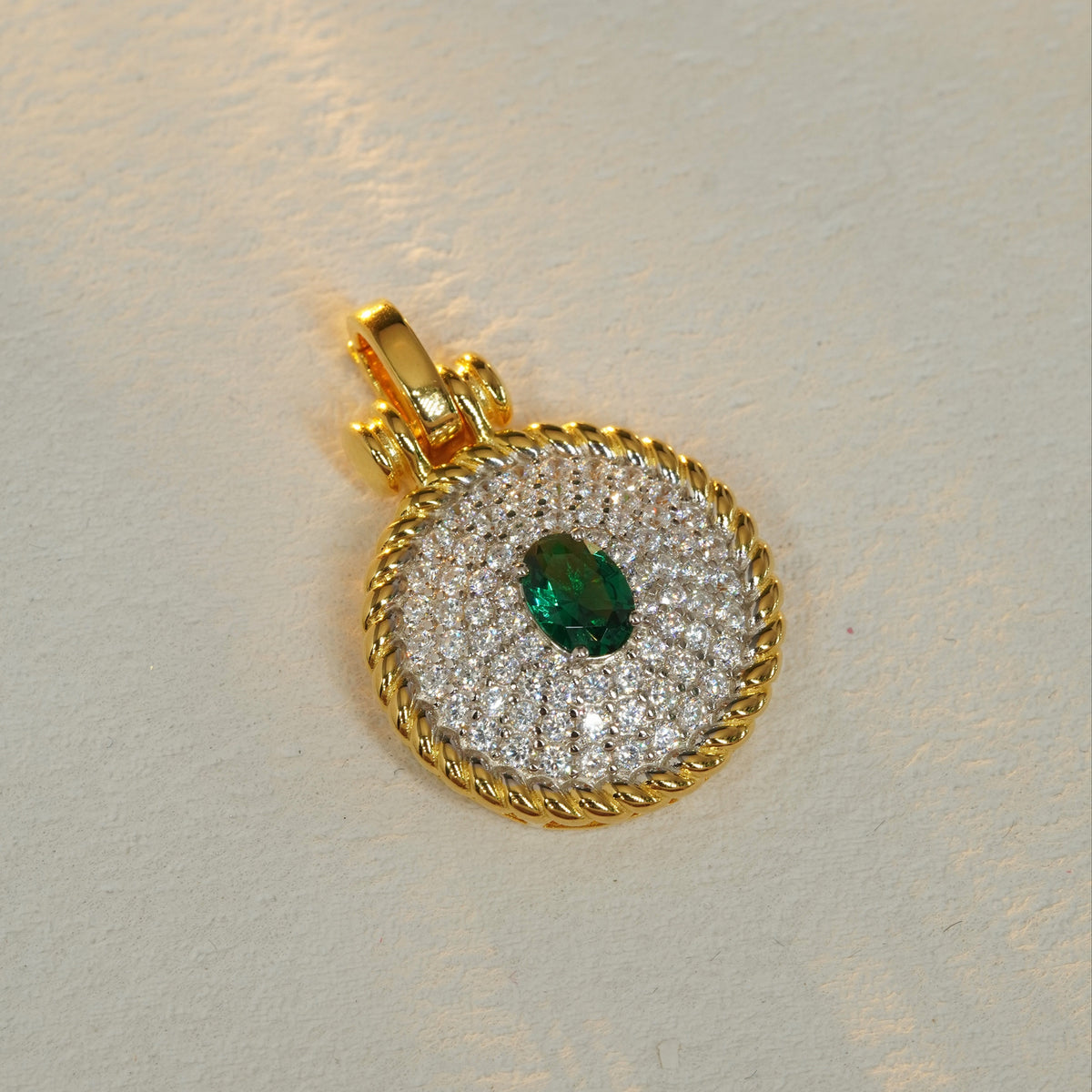 Green oval 5A CZ pavé rope-edge pendant