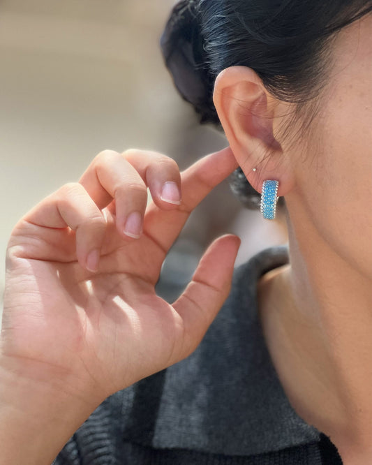 Turquoise Pavé C-Hoop Earrings on Model - Noble Aurora