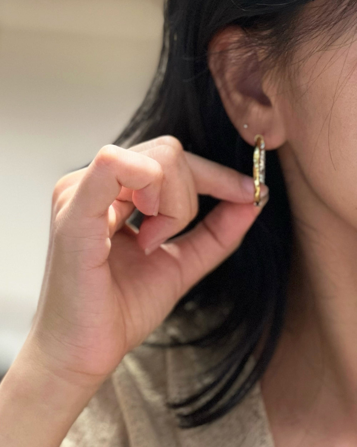 Two-Tone Pavé CZ Hoop Earrings Side Profile on Model - Noble Aurora