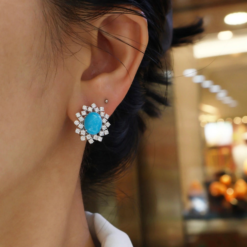 925 Sterling Silver Turquoise Stud Earrings CZ Diamond Flower Halo Statement Earrings