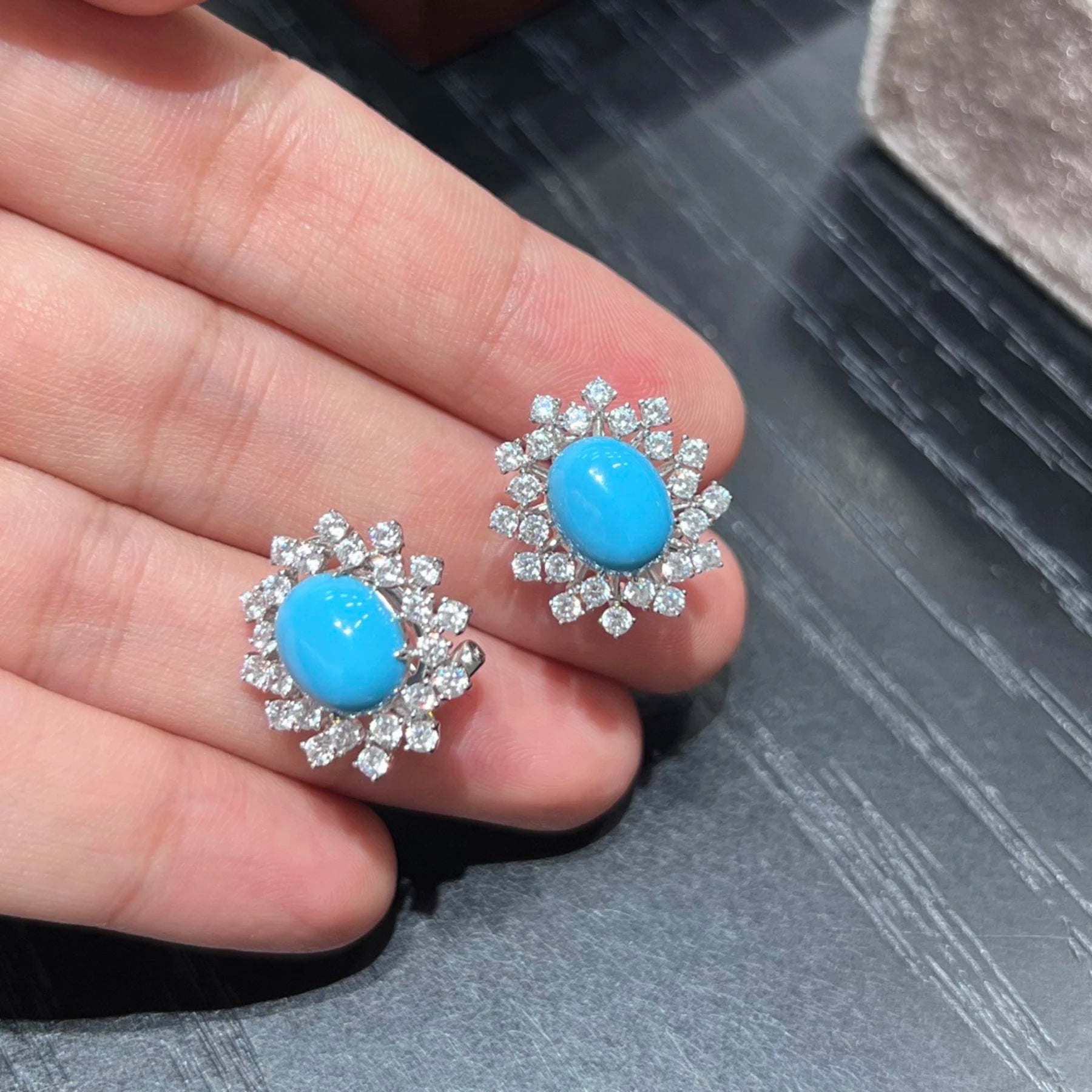 925 Sterling Silver Turquoise Stud Earrings CZ Diamond Flower Halo Statement Earrings