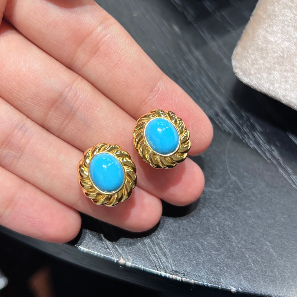 925 Sterling Silver Turquoise Stud Earrings 18K Gold Plated Vintage Croissant Ribbed Dome Earrings