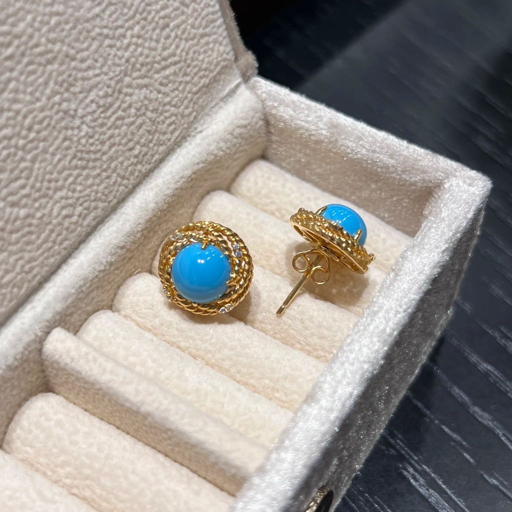 925 Sterling Silver Turquoise Stud Earrings 18K Gold Plated Vintage Twisted Rope Halo Gemstone Earrings for Women Jewelry
