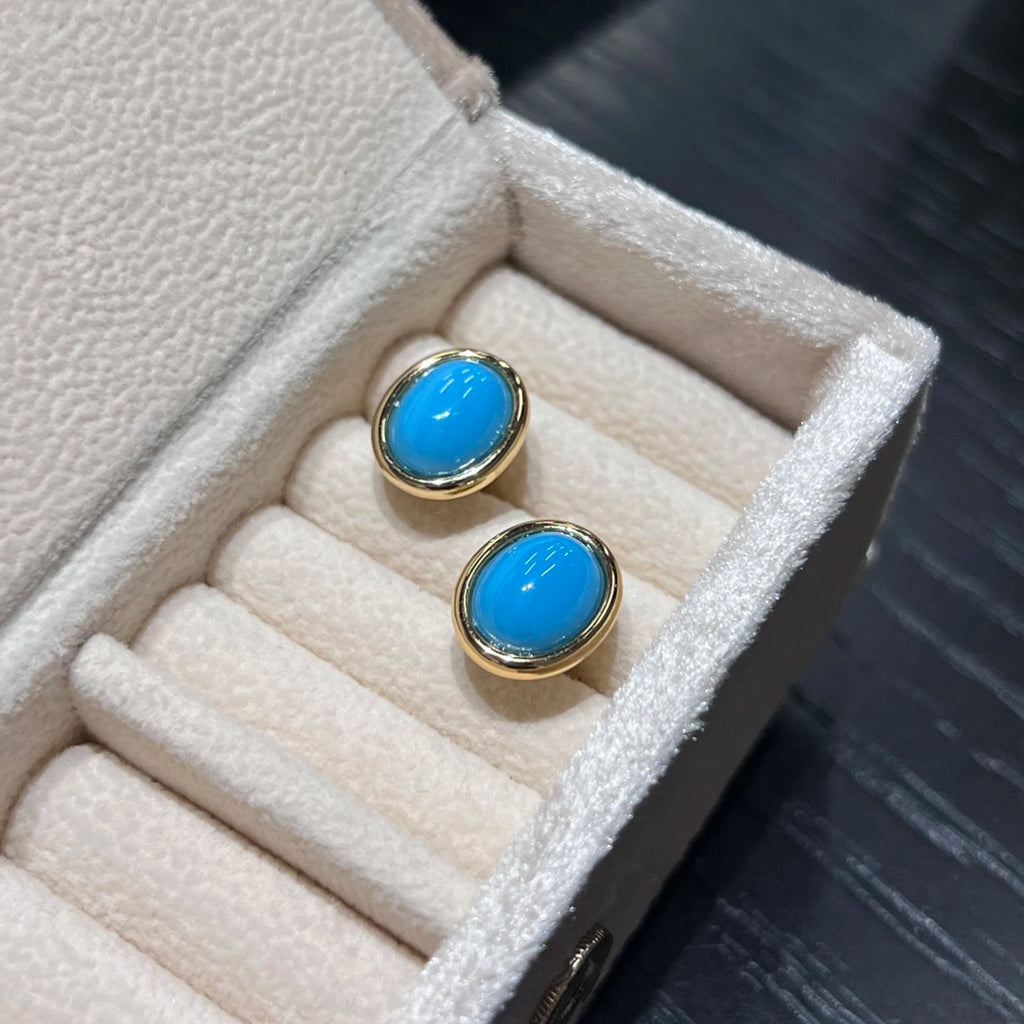 925 Sterling Silver Turquoise Stud Earrings 18K Gold Plated Vintage Oval Cabochon Gemstone Earrings for Women Jewelry