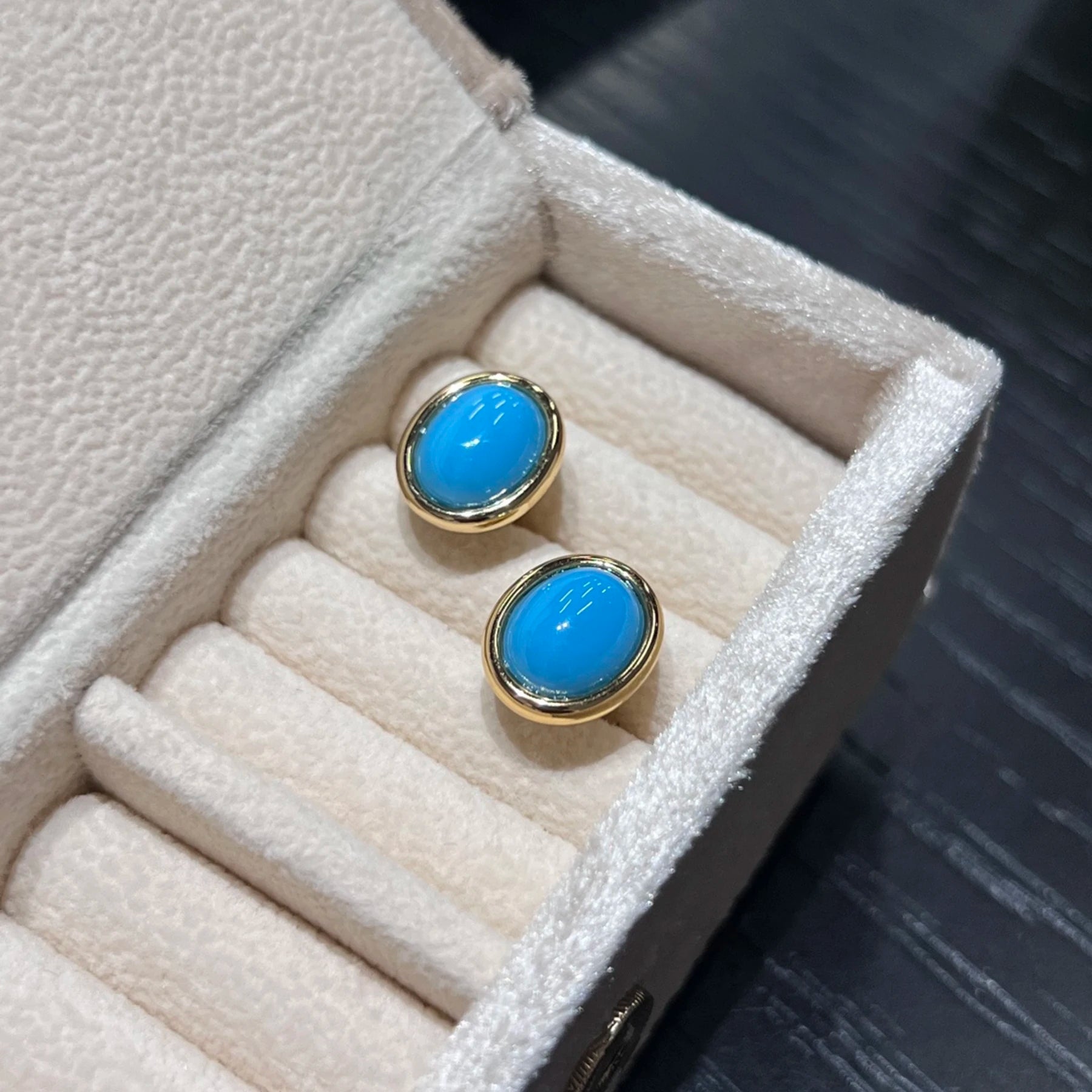 925 Sterling Silver Turquoise Stud Earrings 18K Gold Plated Vintage Oval Cabochon Gemstone Earrings for Women Jewelry