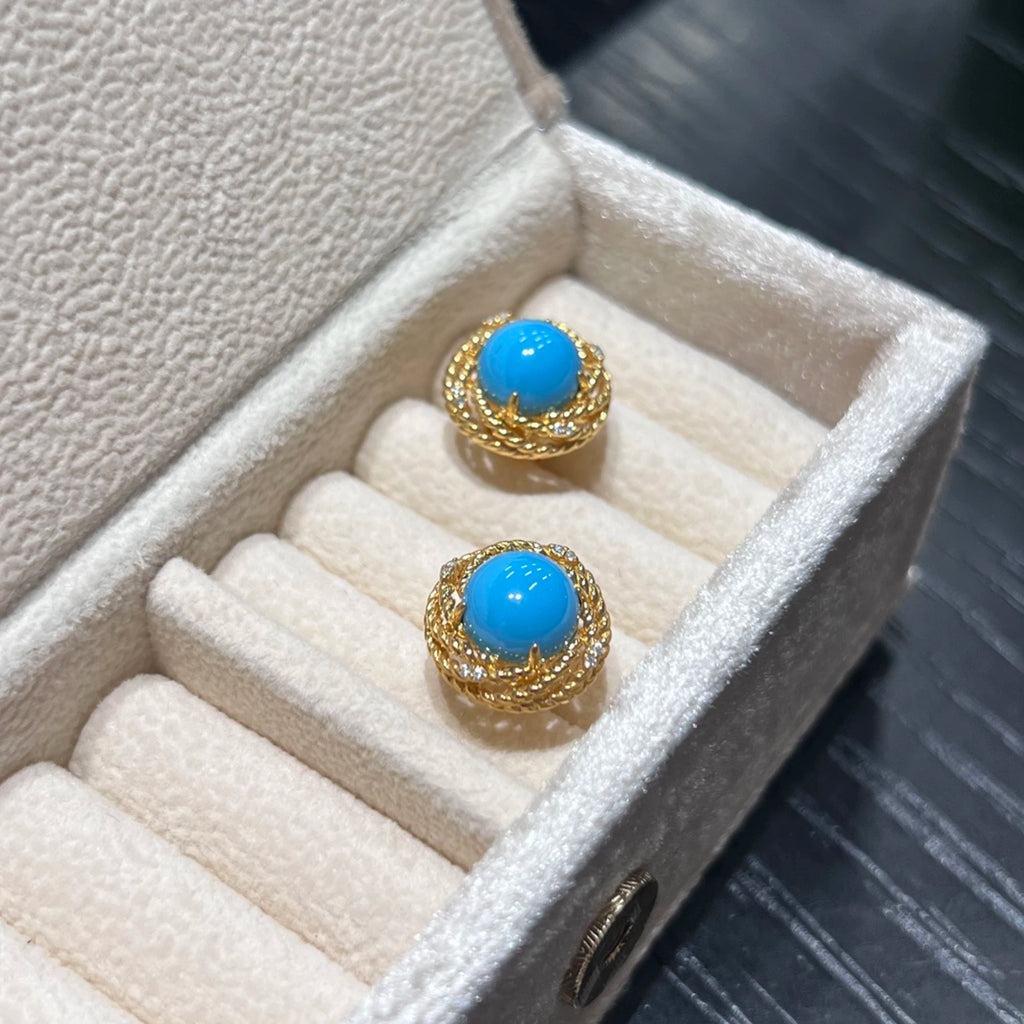 925 Sterling Silver Turquoise Stud Earrings 18K Gold Plated Vintage Twisted Rope Halo Gemstone Earrings for Women Jewelry