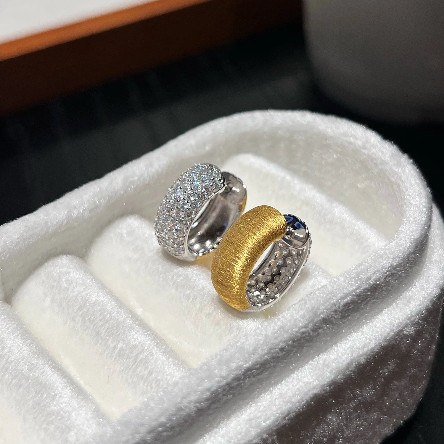 Two-tone CZ huggie hoop earrings with 18K gold plated sterling silver design