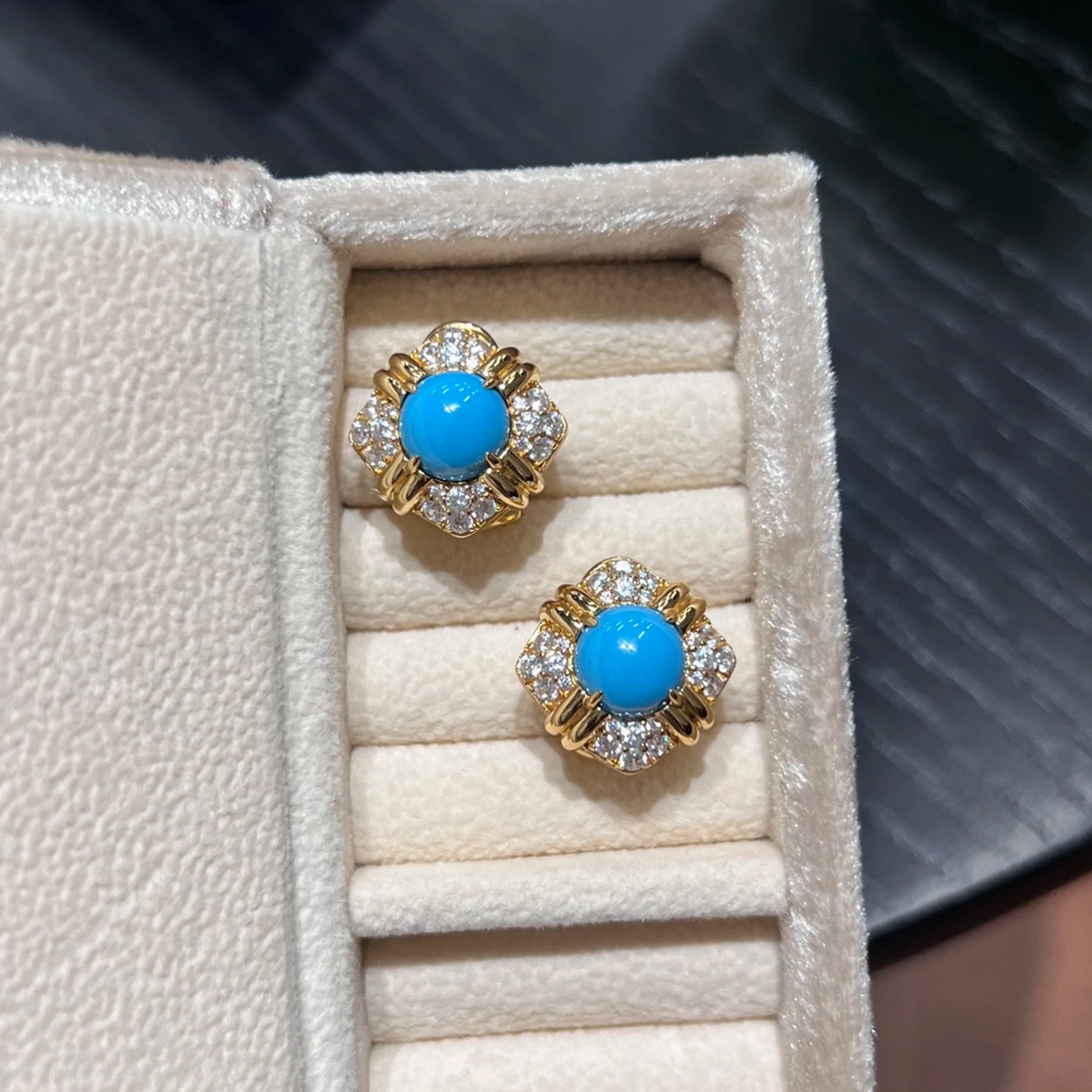 azure etoile created turquoise vintage stud earrings with gold floral setting