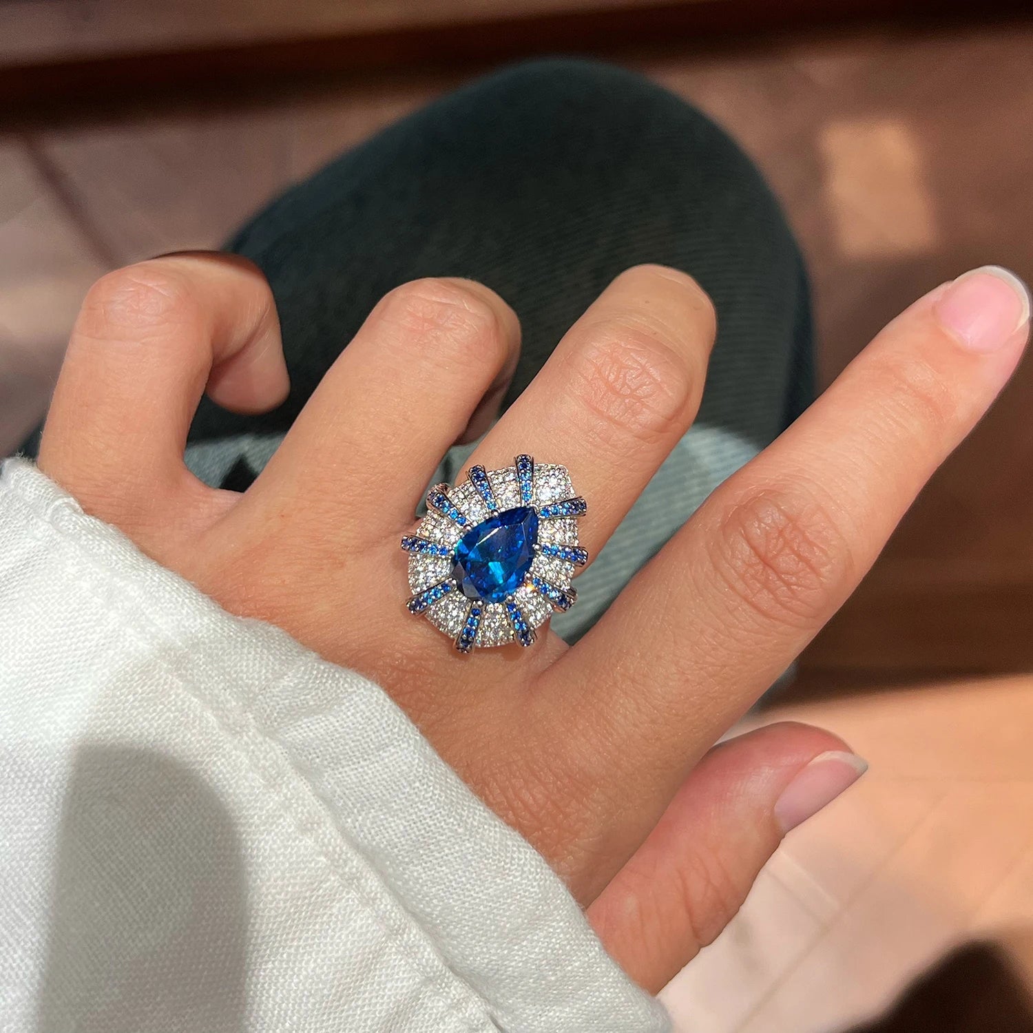 925 Sterling Silver Rings Luxury Blue Sapphire CZ Pear Cut Teardrop Engagement Statement Ring for Women Jewelry