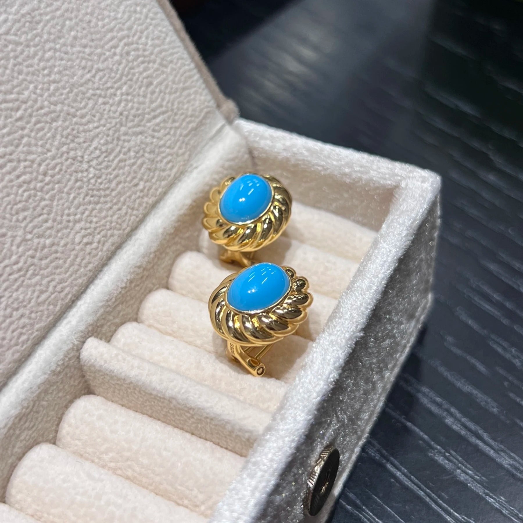 925 Sterling Silver Turquoise Stud Earrings 18K Gold Plated Vintage Croissant Ribbed Dome Earrings