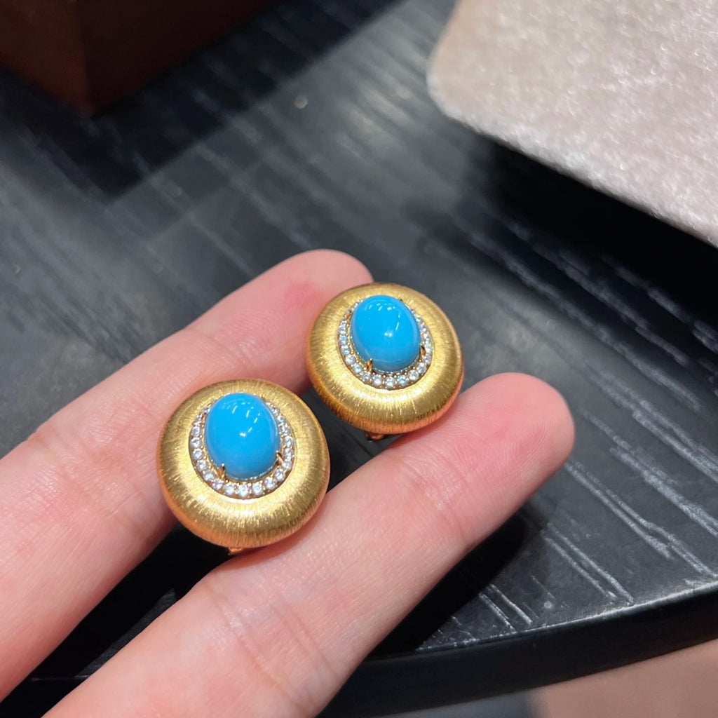 925 Sterling Silver Turquoise Stud Earrings 18K Gold Plated CZ Diamond Brushed Satin Disc Earrings
