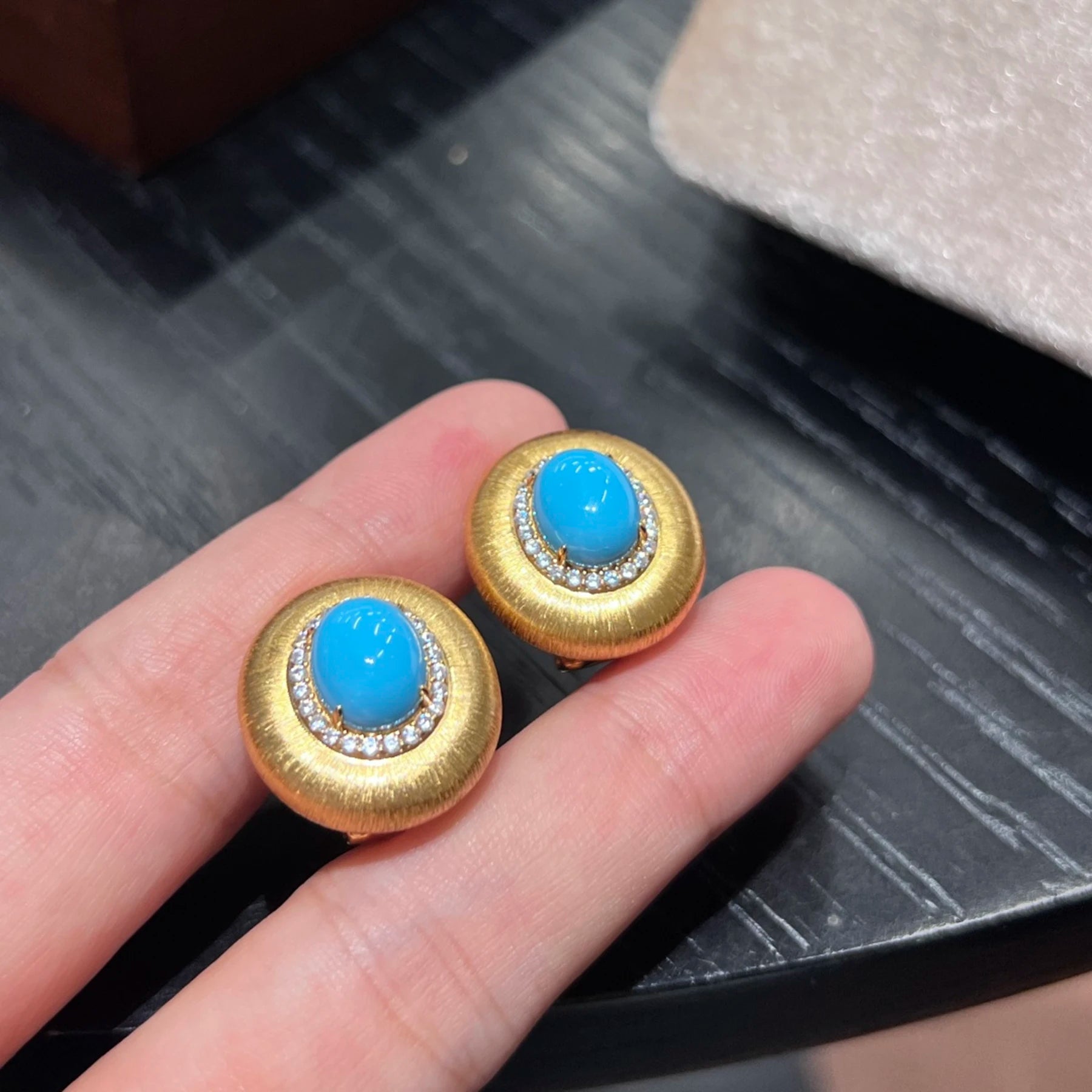 925 Sterling Silver Turquoise Stud Earrings 18K Gold Plated CZ Diamond Brushed Satin Disc Earrings
