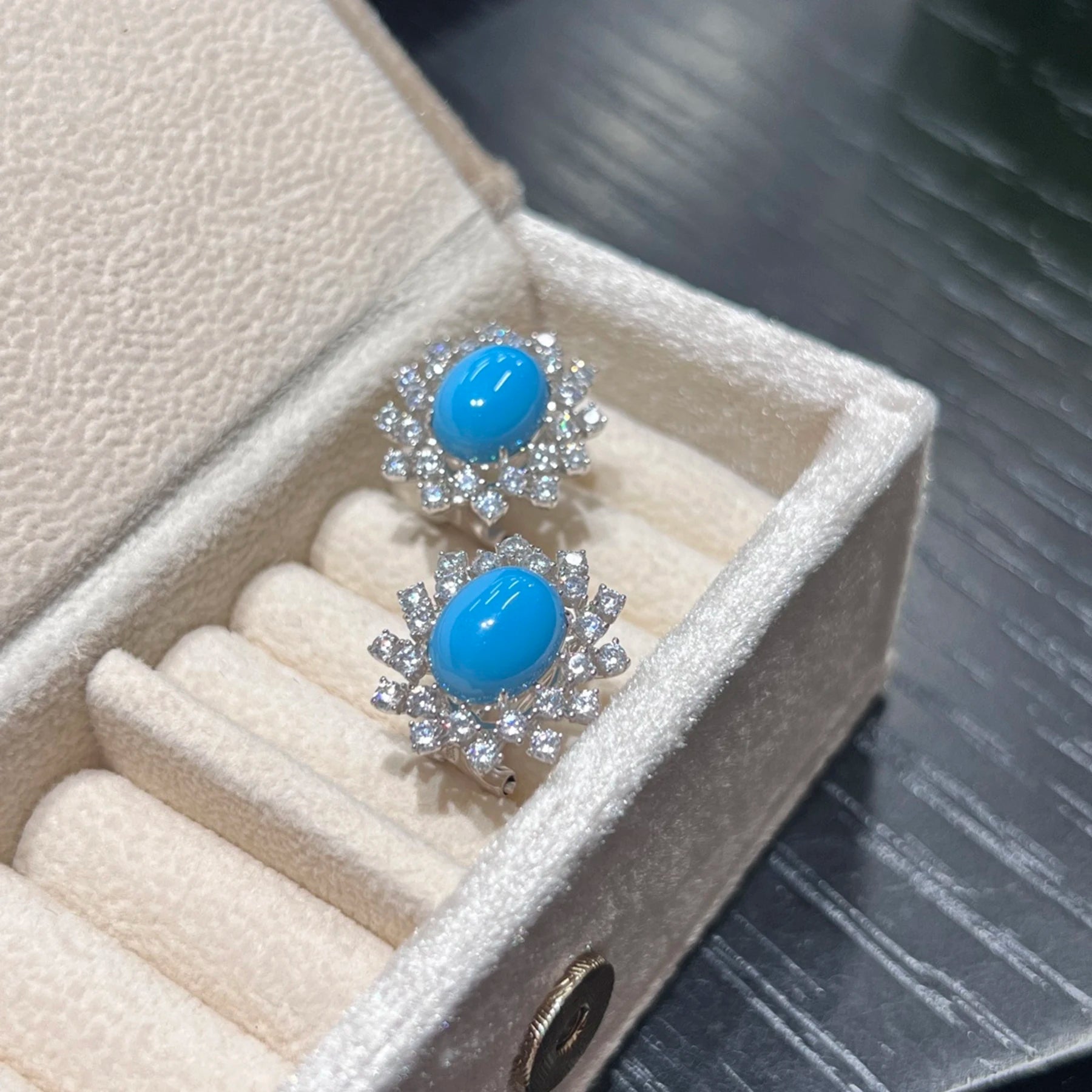 925 Sterling Silver Turquoise Stud Earrings CZ Diamond Flower Halo Statement Earrings