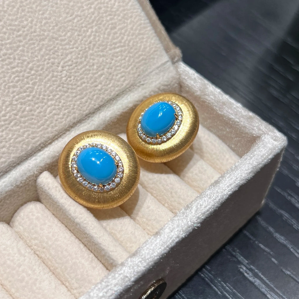 925 Sterling Silver Turquoise Stud Earrings 18K Gold Plated CZ Diamond Brushed Satin Disc Earrings