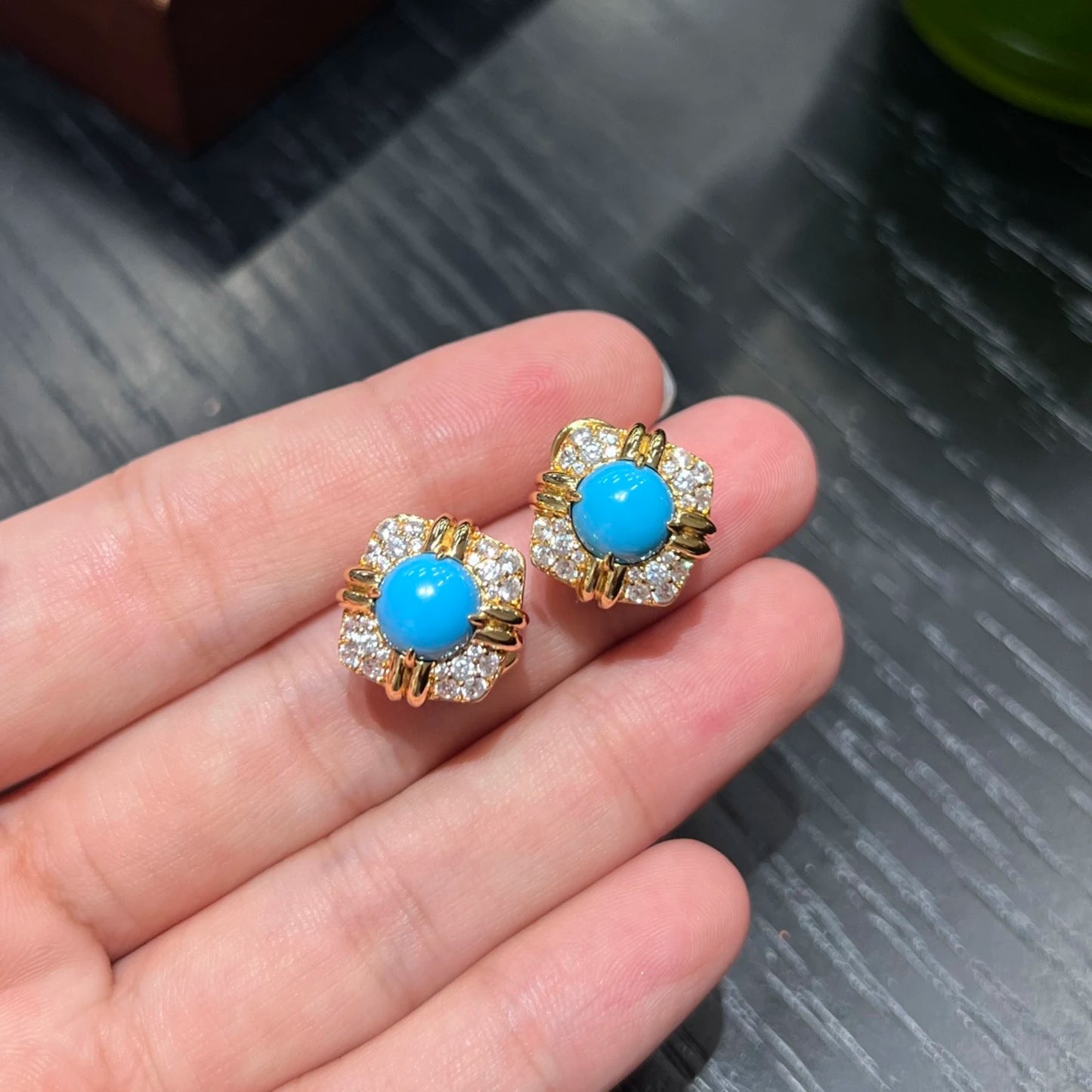 close up created turquoise crystal earrings vintage jewelry design