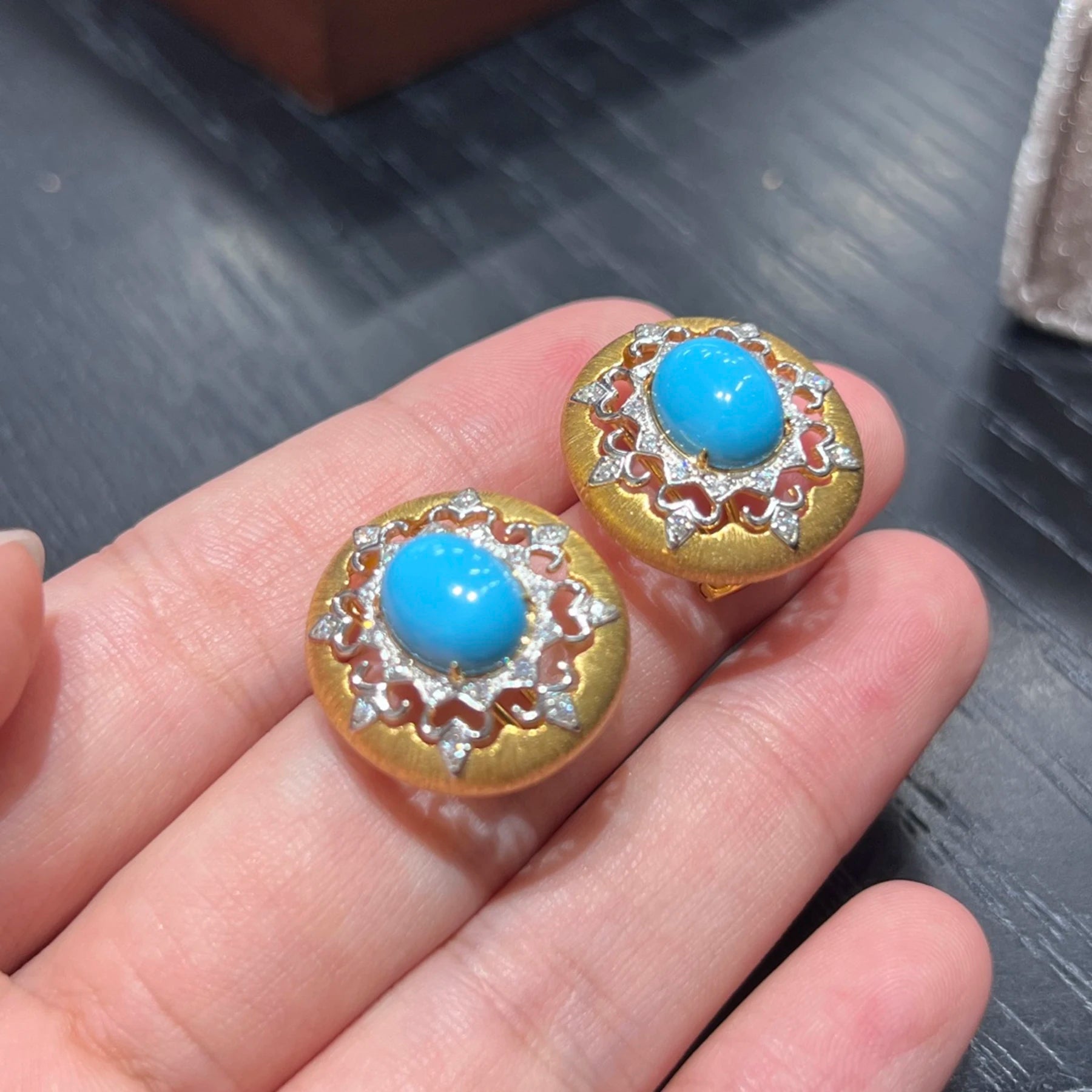 925 Sterling Silver Turquoise Stud Earrings 18K Gold Plated CZ Diamond Brushed Filigree Disc Earrings