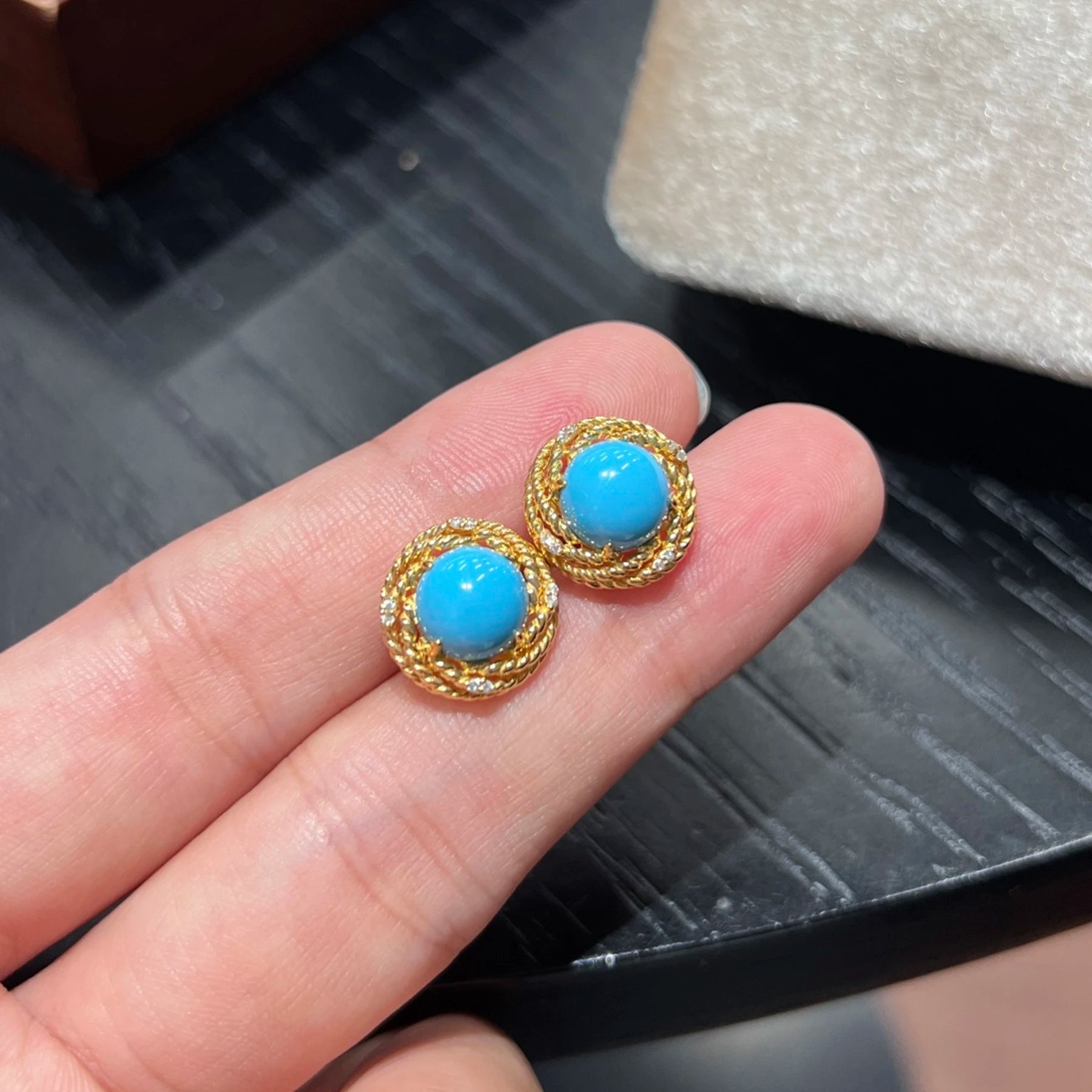 925 Sterling Silver Turquoise Stud Earrings 18K Gold Plated Vintage Twisted Rope Halo Gemstone Earrings for Women Jewelry