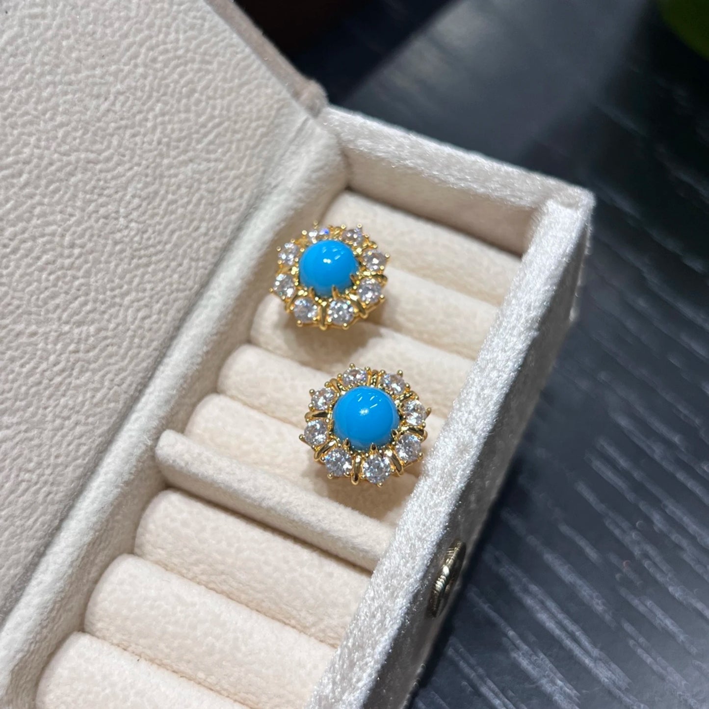 18k gold plated turquoise halo earrings vintage inspired jewelry design