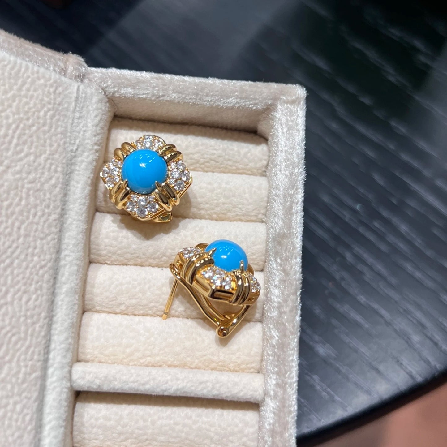 18k gold plated turquoise earrings side view with sterling silver base