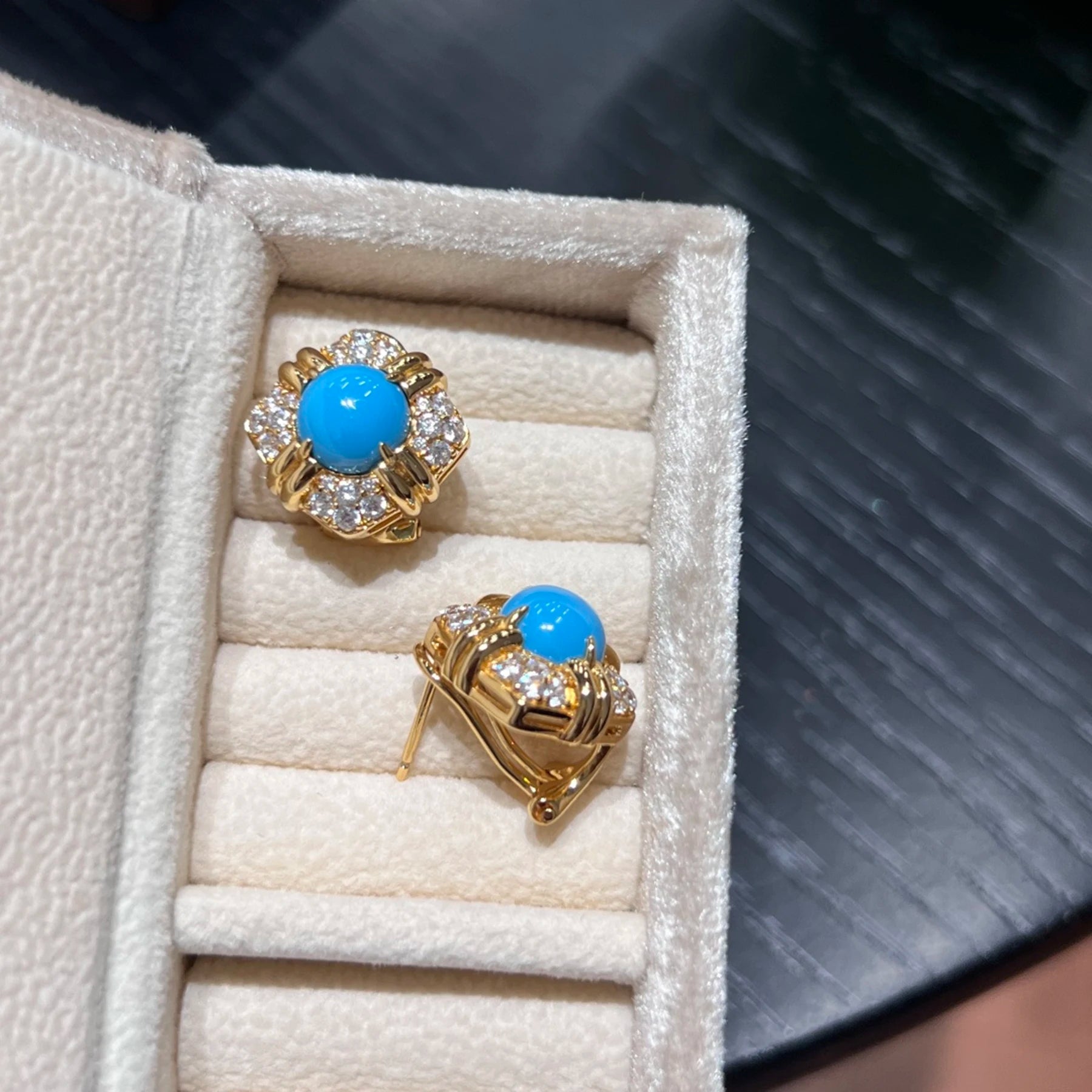 18k gold plated turquoise earrings side view with sterling silver base