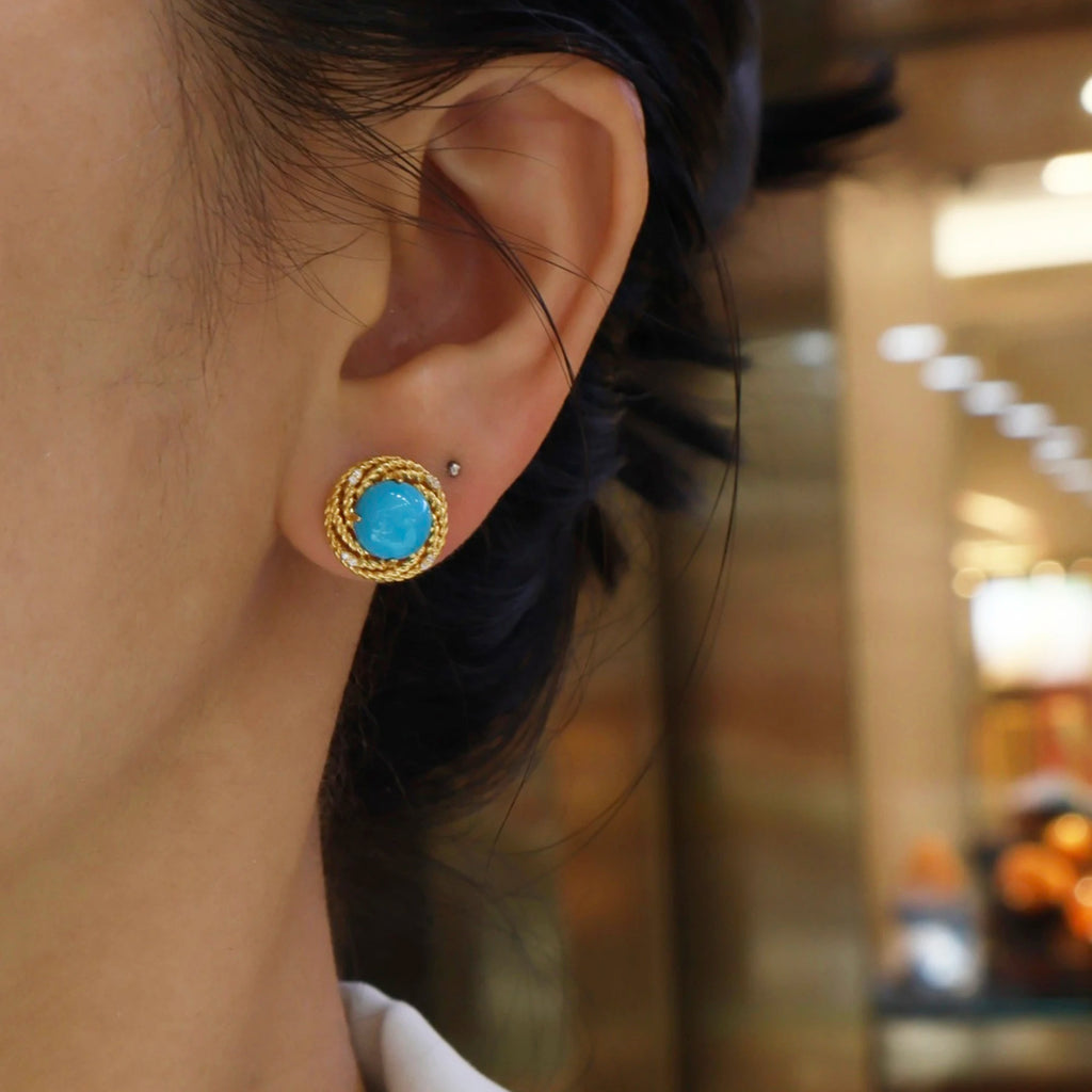925 Sterling Silver Turquoise Stud Earrings 18K Gold Plated Vintage Twisted Rope Halo Gemstone Earrings for Women Jewelry