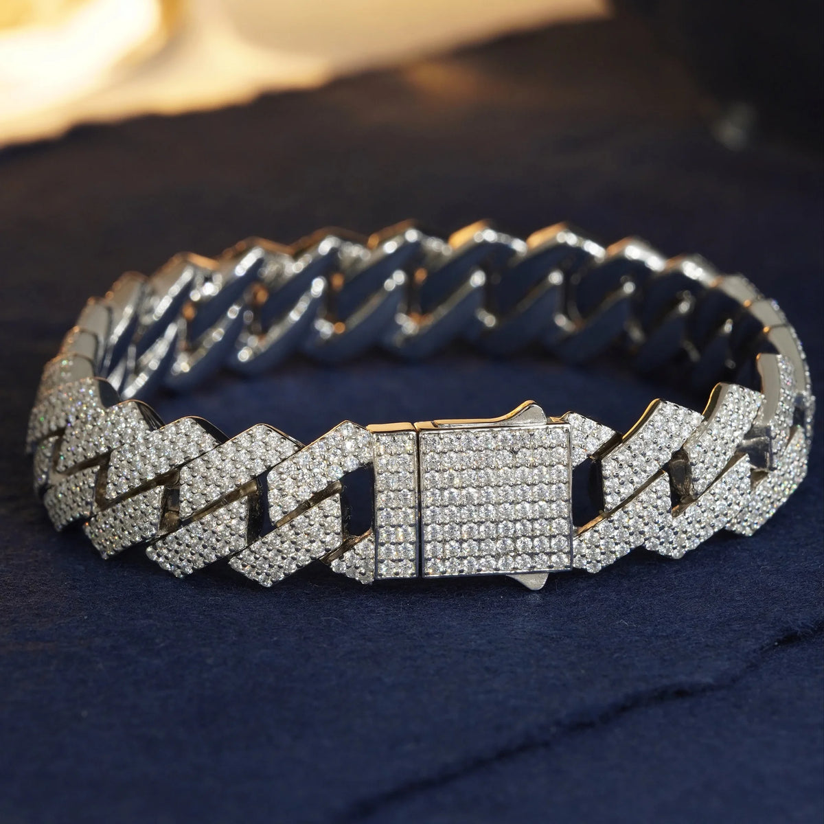 Pavé square Cuban link bracelet in silver, front view