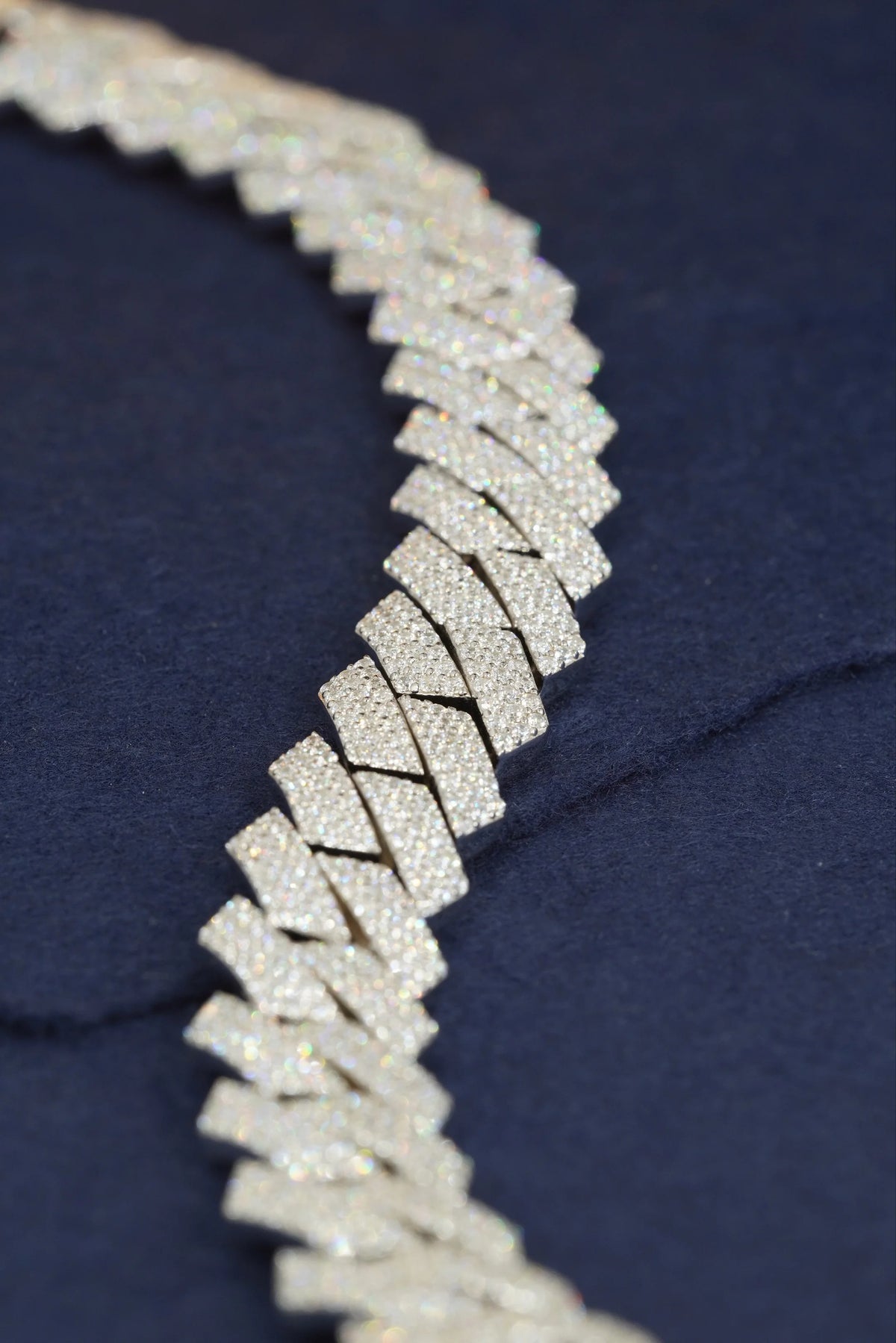 Silver pavé square Cuban link bracelet, angled detail